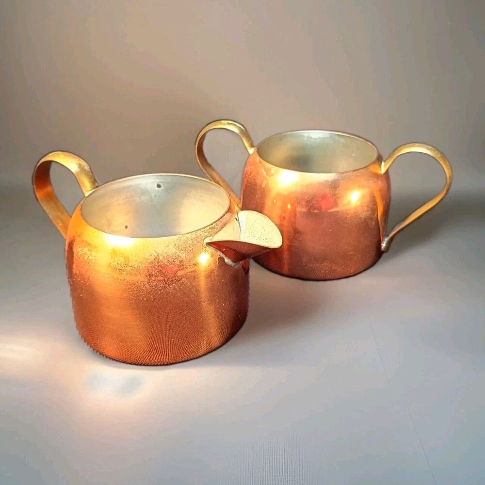 Vintage Copper Creamer and Sugar Bowl by Coppercraft Guild, Brass Handles, 2.5"